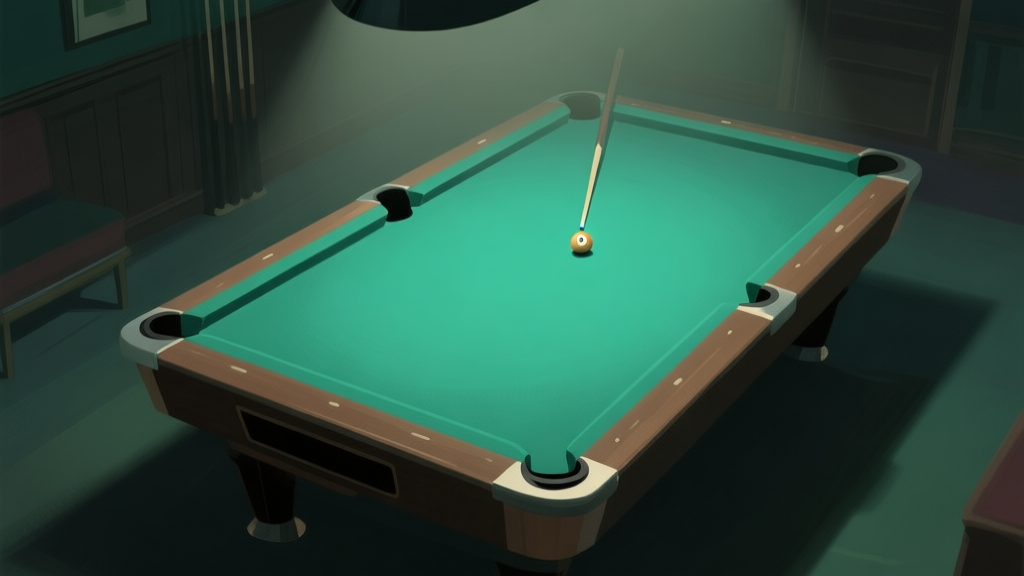 A top-down view of a stylized billiard table in a dimly lit room, with a single cue ball positioned for a difficult combination shot, soft shadows and muted green felt, digital art style high quality illustration, detailed, 16:9