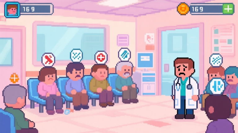 自动生成图片: A chaotic yet charming pixel-art hospital waiting room in a mobile game, with multiple patients showing different illness icons above their heads, a doctor character looking slightly overwhelmed, soft pastel color palette high quality illustration, detailed, 16:9