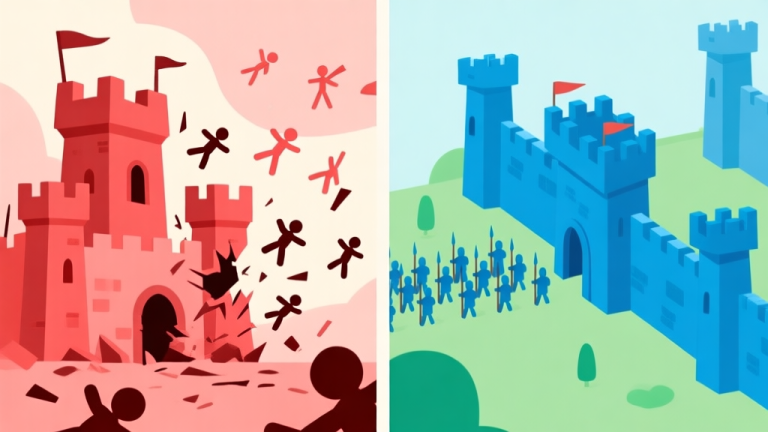 自动生成图片: A split-screen illustration showing a chaotic, failing castle defense on one side (red tones, stickmen falling) and an organized, successful defense on the other (blue/green tones, structured towers and units). Minimalist flat design, soft colors. high quality illustration, detailed, 16:9