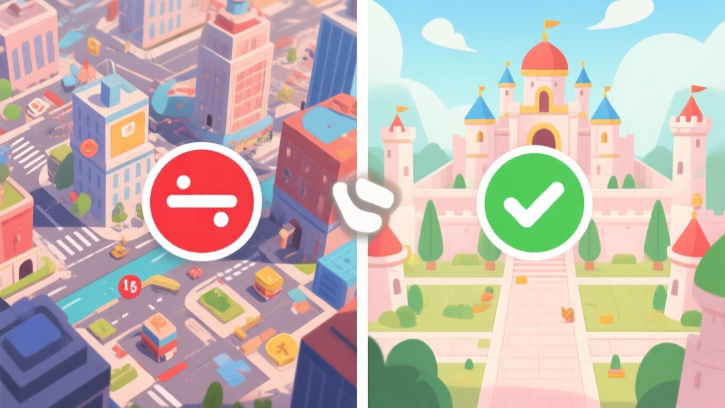 Split-screen illustration showing contrasting game scenes: one side with chaotic city management and red negative icons, the other side with a prosperous orderly kingdom and green positive icons, in a soft pastel color scheme high quality illustration, detailed, 16:9