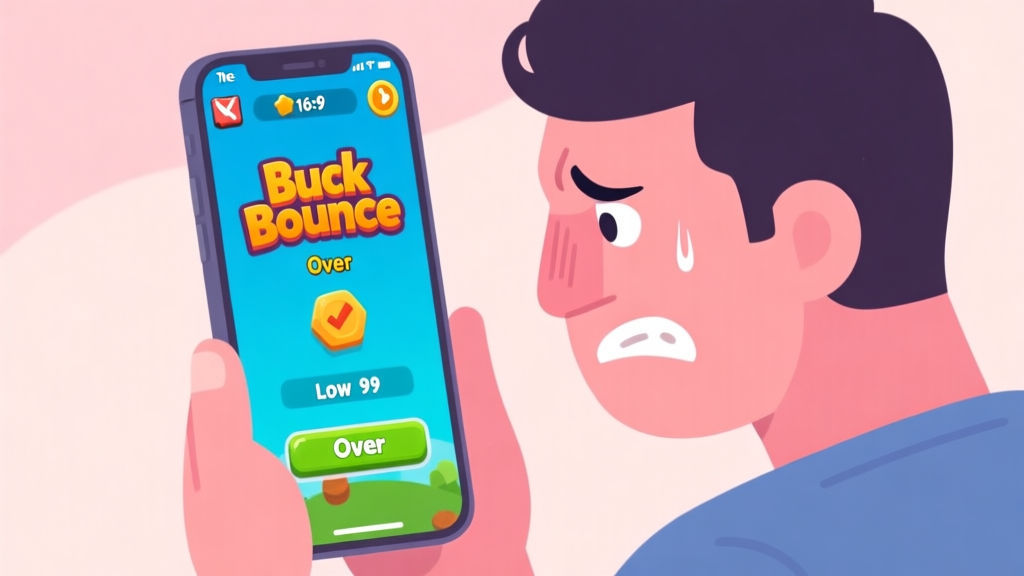 A frustrated player looking at a mobile screen showing the Buck Bounce game over screen, with a low score visible, in a soft pastel color palette, flat illustration style high quality illustration, detailed, 16:9
