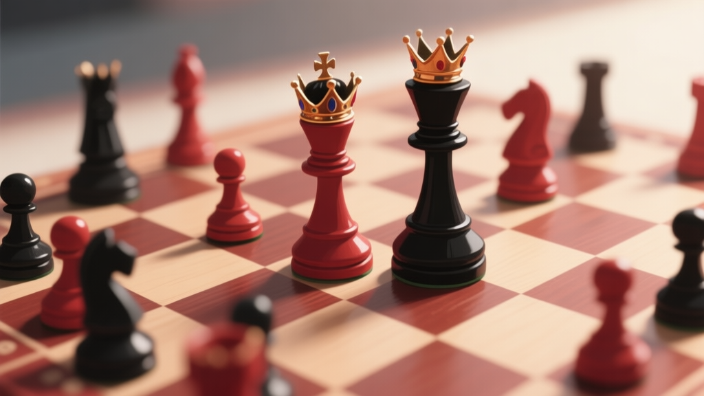 A close-up, dynamic shot of a checkers board mid-game, with some pieces crowned as kings. The focus is on a strategic tension point, with pieces positioned for a double jump. Soft, natural lighting, muted red and black pieces on a classic board, top-down perspective high quality illustration, detailed, 16:9