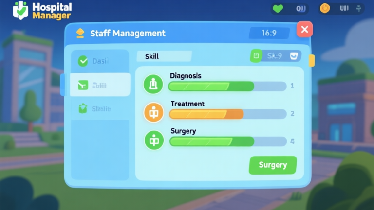 自动生成图片: Game UI screenshot style showing a staff management panel in Dasi Hospital Manager, with skill bars for Diagnosis, Treatment, and Surgery highlighted, soft blue and green interface high quality illustration, detailed, 16:9
