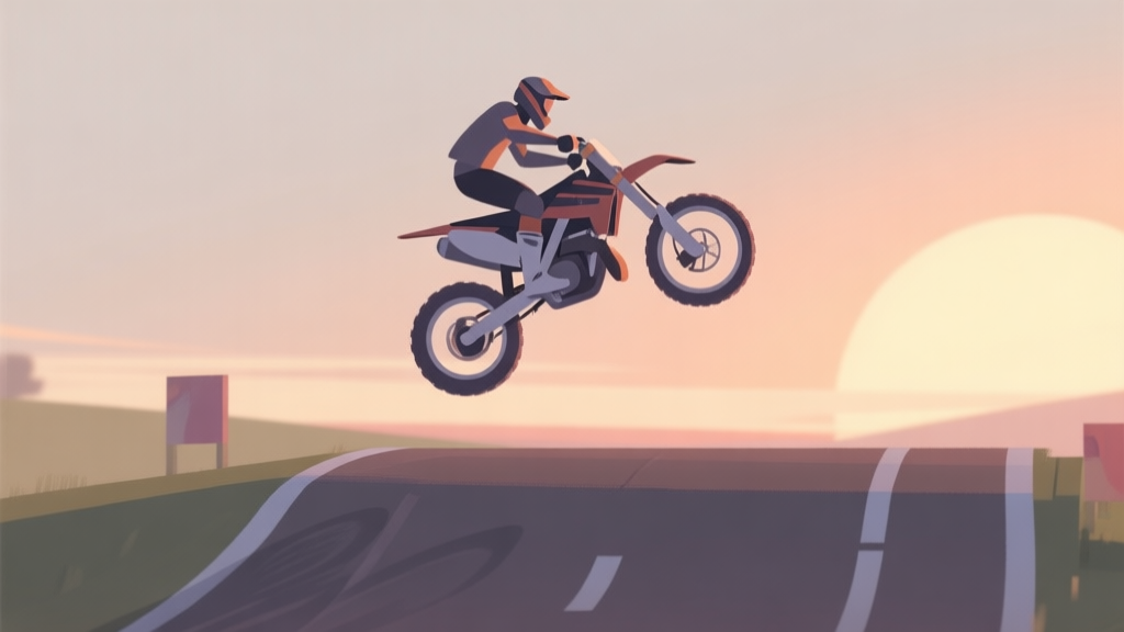 Side view of a stylized motocross bike in mid-air over a simple track, rider slightly off balance, soft sunset colors, minimalist game art style, muted tones high quality illustration, detailed, 16:9