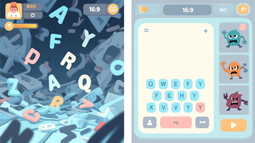A split-screen illustration showing a messy, chaotic game screen with falling letters on the left, and a clean, organized screen with accurate typing and defeated enemies on the right, using a soft pastel color palette with blues and grays high quality illustration, detailed, 16:9