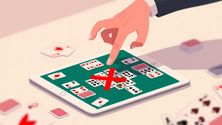 自动生成图片: A frustrated hand hovering over a tablet showing a chaotic Solitaire Klondike 2 game, with red crosses over common mistakes like a blocked Ace and a messy tableau, soft muted color palette high quality illustration, detailed, 16:9