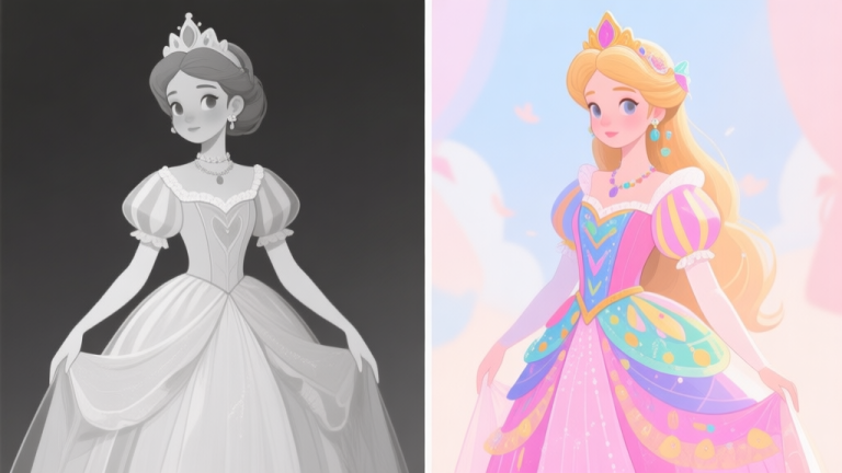 自动生成图片: A split-screen illustration showing a bland, monochromatic princess dress-up on one side and a vibrant, coordinated and creatively accessorized princess on the other, soft pastel color palette, digital art style high quality illustration, detailed, 16:9