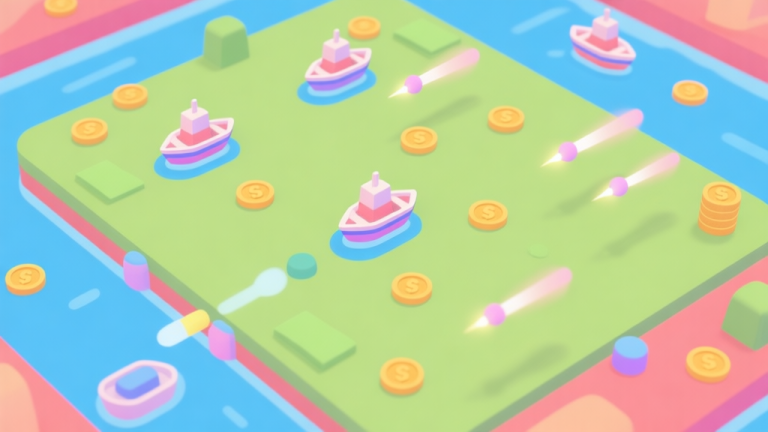 自动生成图片: A top-down view of a colorful, minimalist .io game battlefield with small simple ships, scattered coins, and soft pastel projectiles, conveying a sense of initial confusion for a new player high quality illustration, detailed, 16:9