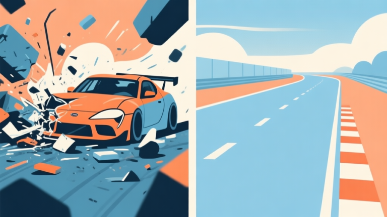 自动生成图片: A split-screen image showing contrast: left side shows a chaotic race with a rookie car crashing into obstacles, right side shows a smooth, clean racing line taken by an experienced player, minimalist vector art with soft blue and orange color scheme high quality illustration, detailed, 16:9
