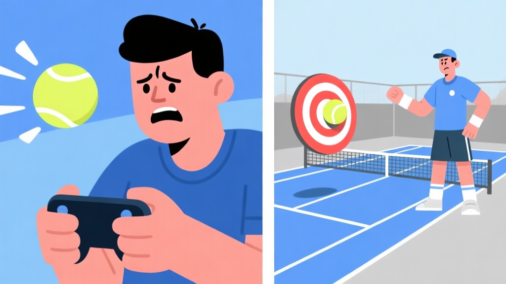 A split-screen illustration showing a frustrated mobile gamer on one side with a tennis ball icon flying out of bounds, and a confident gamer on the other side with a ball icon hitting a precise target on the tennis court, using a soft color palette of blues and greys high quality illustration, detailed, 16:9