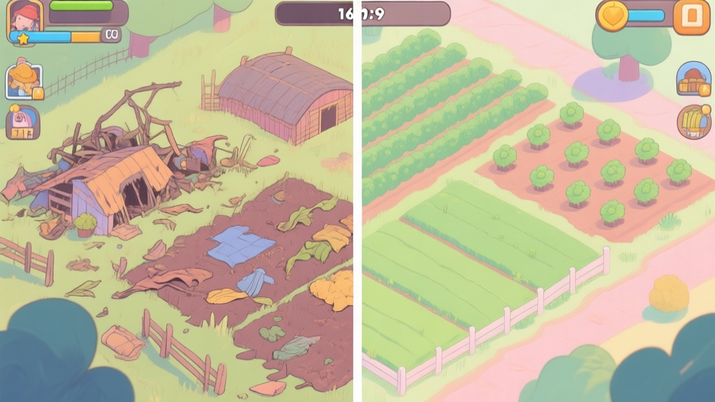 A split-screen game illustration showing a disorganized, wilting farm on one side and a neat, thriving farm on the other, in a soft pastel color palette, top-down view high quality illustration, detailed, 16:9