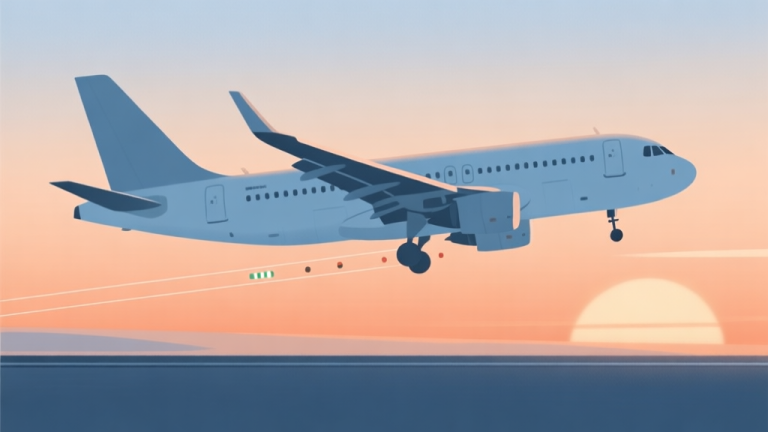 自动生成图片: A serene, minimalist side-view illustration of a commercial airliner on final approach at sunset, with gentle glide slope indicators visible, soft orange and blue color palette, clean lines high quality illustration, detailed, 16:9