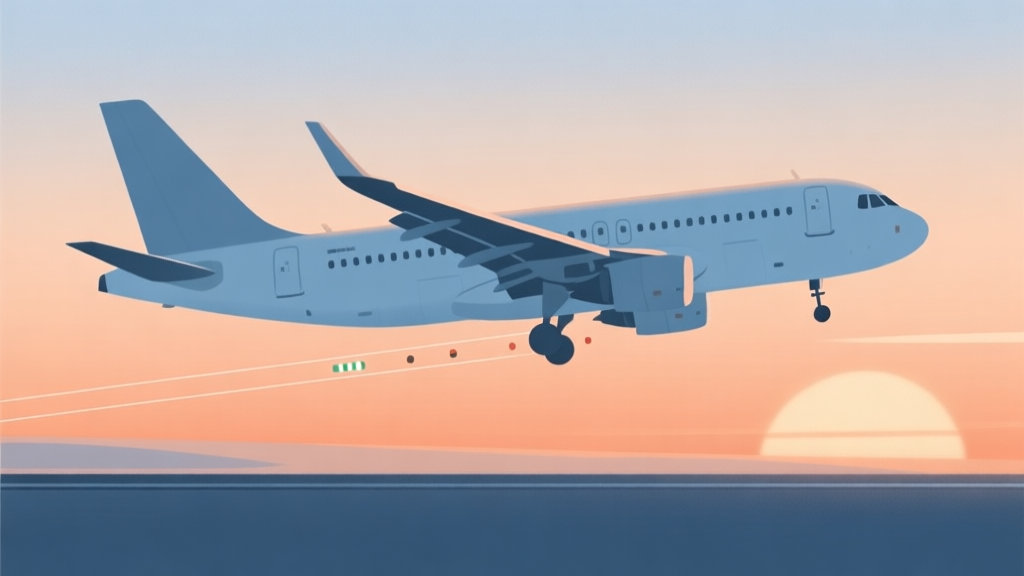 A serene, minimalist side-view illustration of a commercial airliner on final approach at sunset, with gentle glide slope indicators visible, soft orange and blue color palette, clean lines high quality illustration, detailed, 16:9