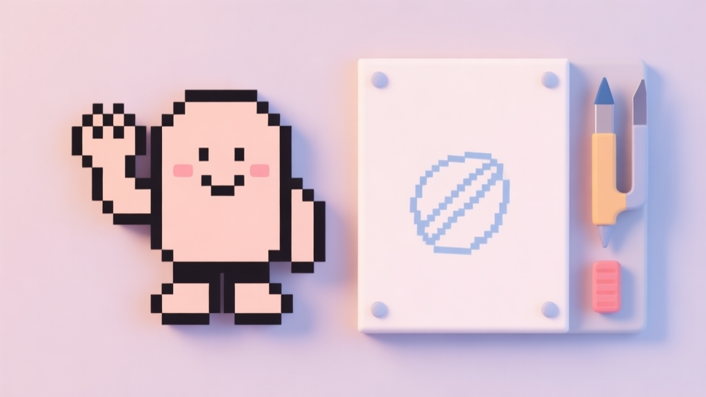 A simple, friendly pixel art character waving, placed next to a minimalist digital canvas with basic drawing tools, soft pastel color palette, clean and inviting composition high quality illustration, detailed, 16:9
