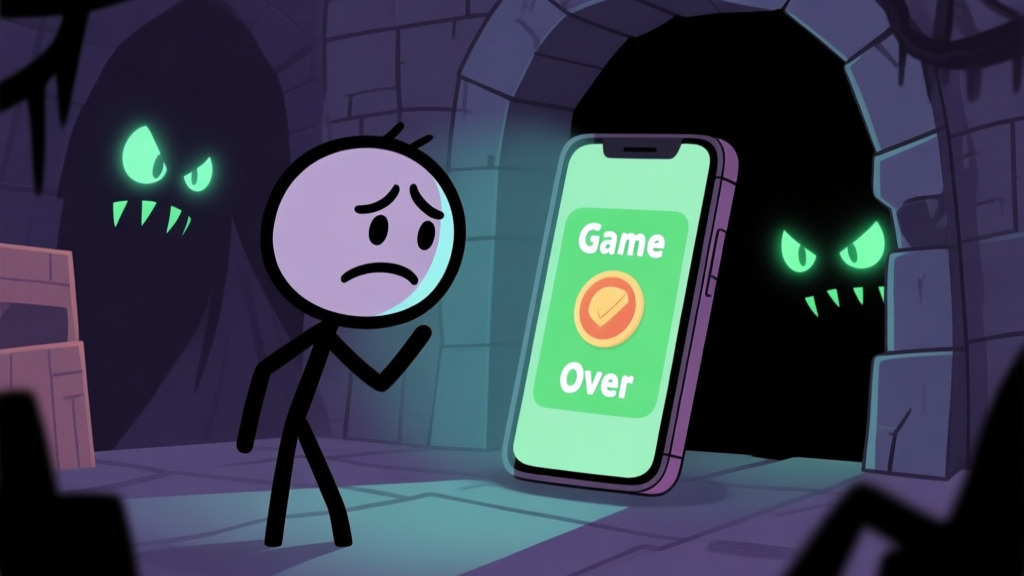 A frustrated stickman character in a mobile game scene, looking at a 'Game Over' screen on a phone, with a dark dungeon background and glowing enemy eyes in the shadows, soft color palette high quality illustration, detailed, 16:9