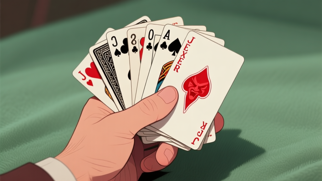 A frustrated hand holding a cluttered set of playing cards against a soft, muted green felt background, with one red Joker card subtly highlighted high quality illustration, detailed, 16:9