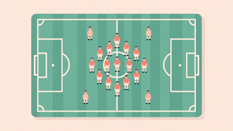自动生成图片: A minimalist illustration of a disorganized football team formation on a tactical board, with all player icons clustered in one area, soft muted colors, flat design high quality illustration, detailed, 16:9