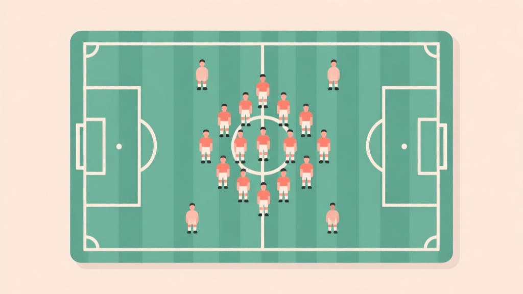 A minimalist illustration of a disorganized football team formation on a tactical board, with all player icons clustered in one area, soft muted colors, flat design high quality illustration, detailed, 16:9