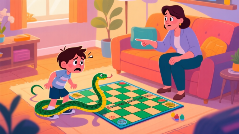 自动生成图片: A vibrant, stylized illustration of a Snakes and Ladders board game in a cozy living room setting. A child is about to land on a long snake, looking frustrated, while a parent is calmly pointing and explaining. Warm, inviting color palette. high quality illustration, detailed, 16:9