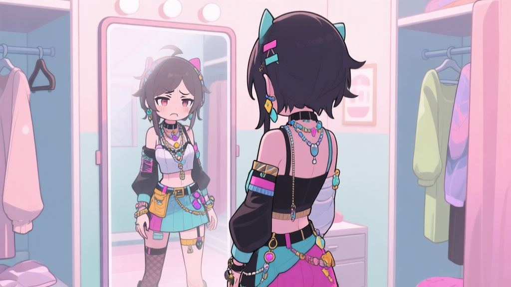 A frustrated game character standing in front of a mirror in a virtual dressing room, wearing a clashing outfit with too many accessories, soft pastel color palette, anime-inspired game art style high quality illustration, detailed, 16:9
