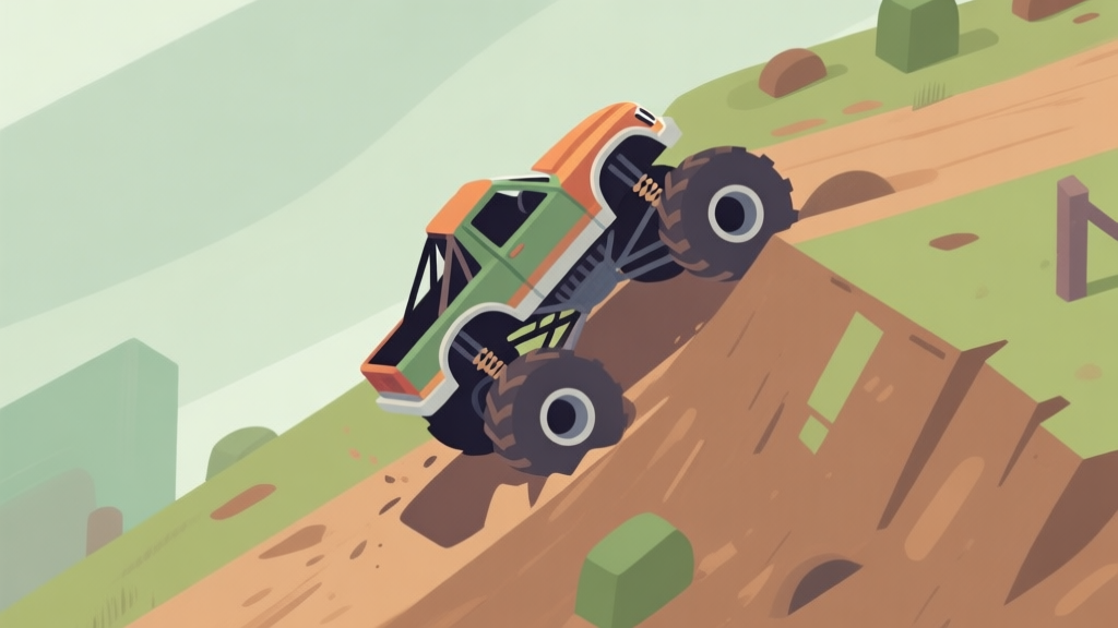 A stylized, top-down view of a monster truck tipping over on a steep slope in a game environment, soft earthy color palette, muted greens and browns, flat design with clean lines high quality illustration, detailed, 16:9
