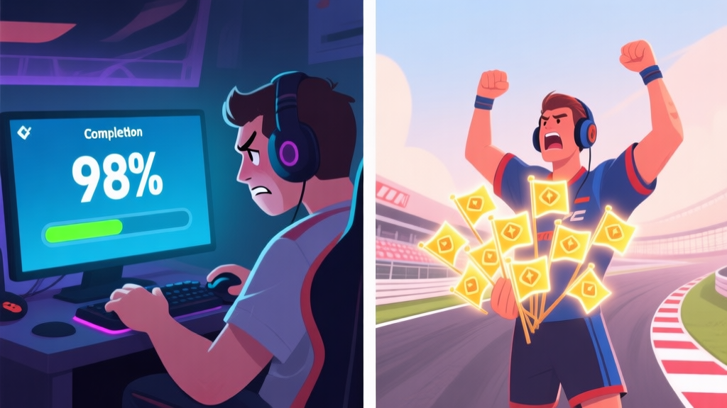 Split-screen illustration showing a frustrated gamer looking at a 98% completion screen on one side, and a triumphant player holding a collection of glowing, hidden flags on a racetrack on the other, in a soft color palette high quality illustration, detailed, 16:9