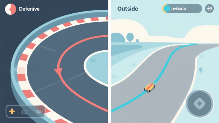 自动生成图片: Split-screen illustration comparing two racing lines through a sharp corner, left side showing a defensive inside line, right side showing an outside overtaking line, soft color palette with muted blues and greys, minimalist game UI elements high quality illustration, detailed, 16:9