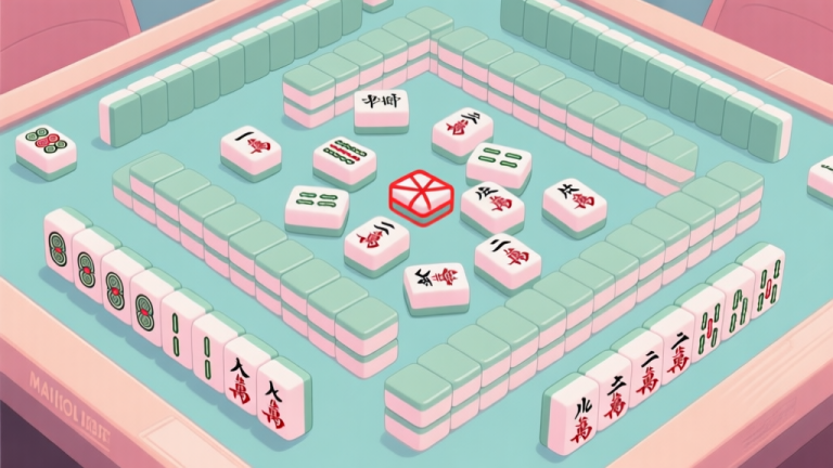 自动生成图片: A top-down view of a Mahjong Solitaire game board in soft pastel colors, showing a complex layout with many tiles, but with several clearly blocked and unplayable pairs highlighted with subtle red outlines, creating a sense of frustration and puzzle high quality illustration, detailed, 16:9