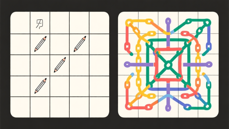 自动生成图片: Split-screen illustration showing a simple Sudoku grid with basic pencil marks on the left, and a complex 'Evil' grid with intricate colored chains and patterns on the right, minimalist style with a focus on contrasting logic approaches high quality illustration, detailed, 16:9