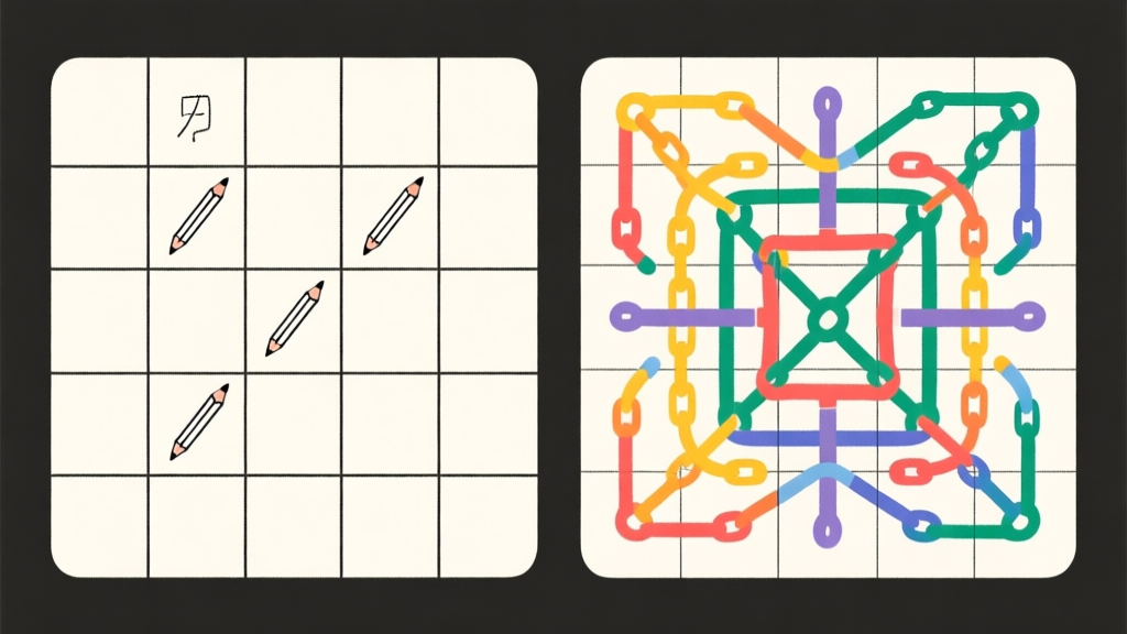 Split-screen illustration showing a simple Sudoku grid with basic pencil marks on the left, and a complex 'Evil' grid with intricate colored chains and patterns on the right, minimalist style with a focus on contrasting logic approaches high quality illustration, detailed, 16:9