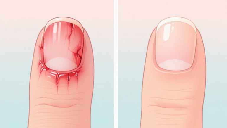 自动生成图片: A side-by-side comparison illustration. Left side shows a finger with overcut, red and irritated cuticles. Right side shows a healthy finger with gently pushed back, moisturized cuticles. Soft pastel background, medical illustration style high quality illustration, detailed, 16:9