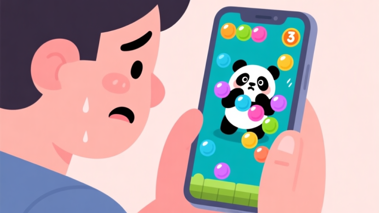 自动生成图片: A frustrated player looking at a smartphone screen showing a difficult Panda Bubble Shooter level, with a cute panda character looking stuck behind colorful bubbles, in a flat cartoon style with soft pastel colors high quality illustration, detailed, 16:9