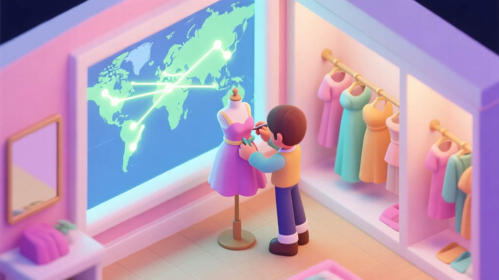 A vibrant, isometric view of a small virtual fashion boutique in a game, with a character customizing a dress on a mannequin. Outside the window, a world map with glowing connections to other countries is visible. Soft pastel color palette. high quality illustration, detailed, 16:9