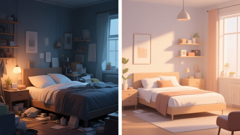 自动生成图片: A split image showing a cluttered, poorly lit bedroom on the left side, and a serene, cozy, well-organized bedroom on the right side, soft natural lighting, minimalist furniture, warm color palette high quality illustration, detailed, 16:9