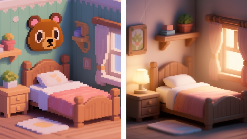 A split-screen illustration showing a cozy, pixelated Animal Crossing bedroom on one side and a real-life, softly lit bedroom with similar design principles on the other, using a warm and muted color palette high quality illustration, detailed, 16:9