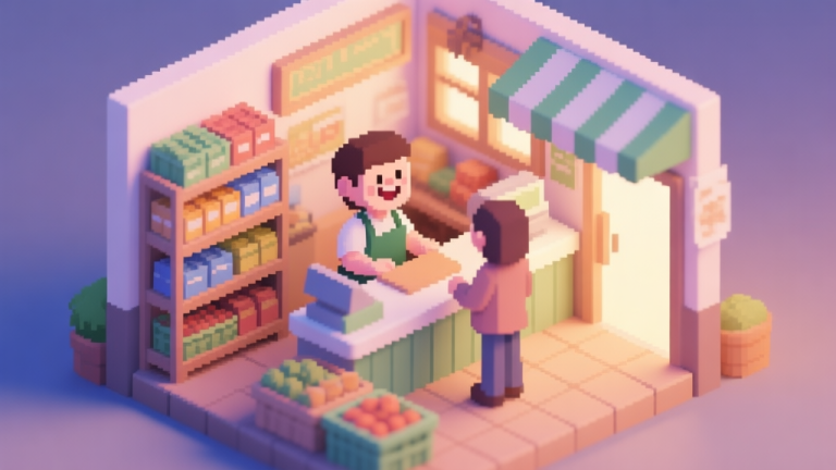 自动生成图片: A cozy, pixel-art style tiny market interior with neatly stocked shelves, a smiling shopkeeper behind the counter, and a customer browsing. Soft, warm lighting, isometric view, pastel color palette. high quality illustration, detailed, 16:9