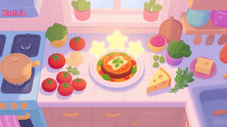 自动生成图片: A cozy, top-down view of a kitchen in Kate's Cooking Party, with a perfect three-star dish glowing in the center, surrounded by colorful, neatly arranged ingredients like tomatoes, cheese, and herbs, soft pastel color palette high quality illustration, detailed, 16:9