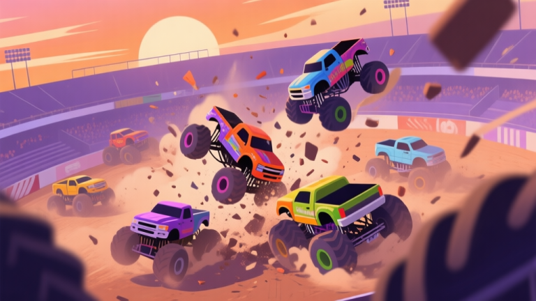 自动生成图片: A dynamic yet soft-focus illustration of a monster truck arena from a high angle, showing multiple colorful trucks in mid-collision, dust and small debris flying, with a soft sunset color palette of oranges and purples, flat design style high quality illustration, detailed, 16:9