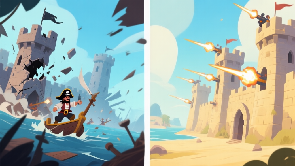 A split-screen game illustration showing a failed pirate attack on one side with broken towers, and a successful defense on the other with coordinated tower fire, in a soft color palette of blues and sandy yellows high quality illustration, detailed, 16:9