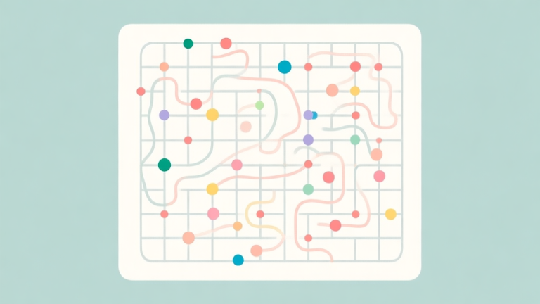 自动生成图片: A minimalist, top-down view of a complex one-line draw puzzle grid with multiple colored dots and winding paths, soft pastel colors, clean lines, flat design style high quality illustration, detailed, 16:9