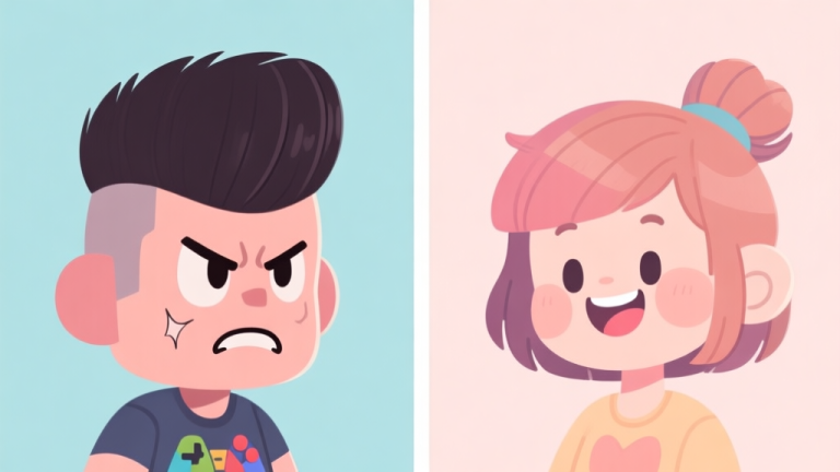 自动生成图片: A split-screen illustration showing a frustrated game character with a bad, bowl-shaped haircut on the left, and a happy character with a cute, stylish haircut on the right. Soft pastel color palette, cartoon style, clean lines high quality illustration, detailed, 16:9