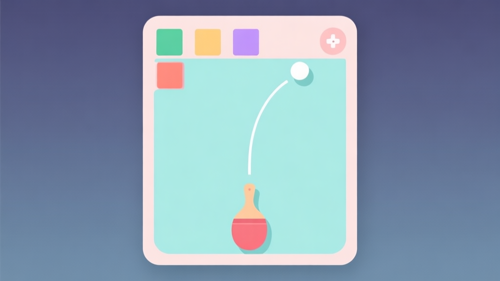 A clean, minimalist game interface showing a paddle at the bottom, a ball trajectory line, and a few colored blocks at the top, soft pastel colors, flat design style high quality illustration, detailed, 16:9