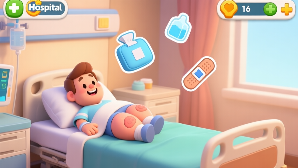 A cozy, stylized mobile game screenshot showing a cheerful hospital room in Hospital Stories, with a patient with a cartoonishly swollen knee on a bed, and simple treatment icons like ice pack and bandage floating above high quality illustration, detailed, 16:9