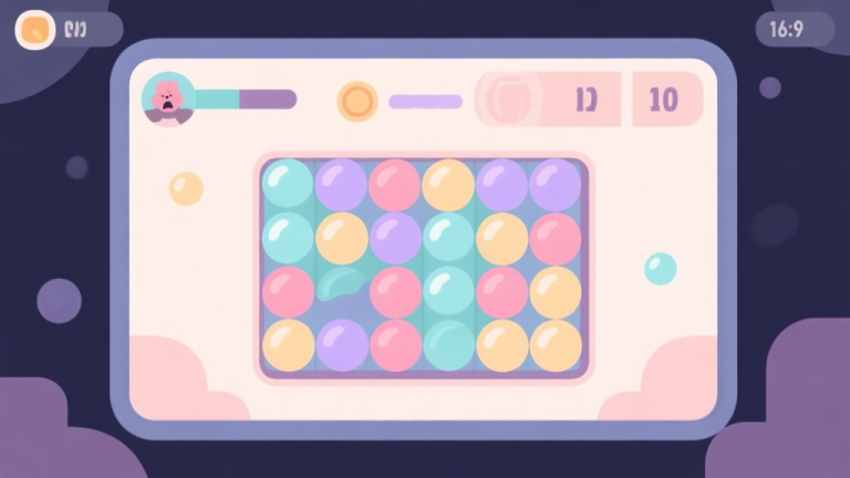 自动生成图片: A stylized, frustrating game level screen showing a bubble puzzle with an impossible-looking arrangement, soft pastel colors, clean UI, flat design style high quality illustration, detailed, 16:9