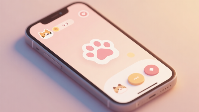 自动生成图片: A cozy, minimalist mobile game interface on a smartphone screen, showing cute cat paw icons and simple buttons, soft pastel color palette, warm lighting, flat design style high quality illustration, detailed, 16:9