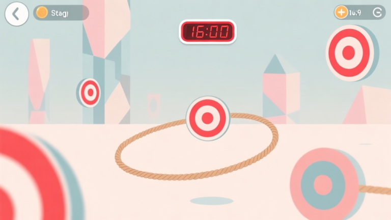 自动生成图片: A minimalist game interface showing a rope coiling around multiple abstract geometric targets, with a stagnant score counter highlighted in red, soft pastel color palette, clean lines high quality illustration, detailed, 16:9