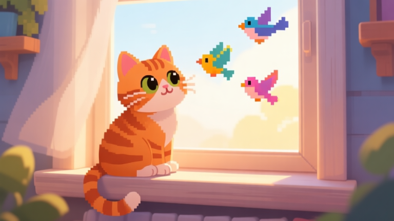 自动生成图片: A cute, stylized orange tabby cat sitting on a cozy windowsill, looking curiously at small, colorful pixel-art birds flying outside, soft morning light, warm and inviting color palette, illustration for a mobile game high quality illustration, detailed, 16:9