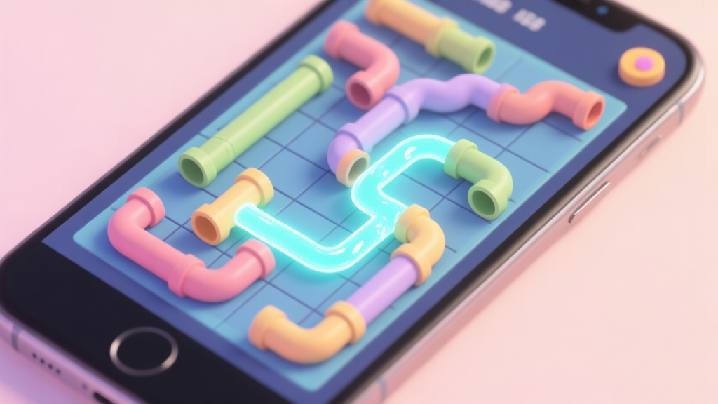 A top-down view of a colorful and complex pipe puzzle game board on a mobile device, showing a mix of straight, L-shaped, and T-shaped pipe pieces in a grid, with one completed fluid line glowing brightly among incomplete connections, soft pastel color palette high quality illustration, detailed, 16:9
