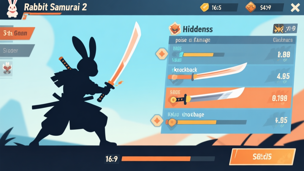Game UI overlay analysis of Rabbit Samurai 2 combat, showing hidden stats like poise damage and knockback values on different sword moves, clean infographic style with a rabbit samurai silhouette, soft blue and orange color scheme high quality illustration, detailed, 16:9