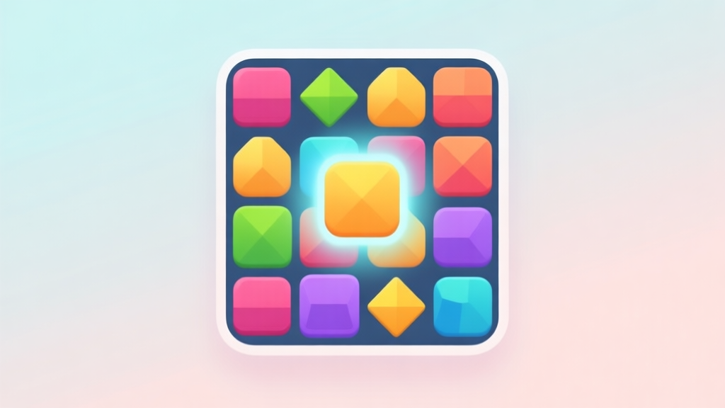 A clean, minimalist mobile game interface showing a vibrant grid of colorful geometric shapes, with a subtle glow around a potential match, soft pastel background high quality illustration, detailed, 16:9